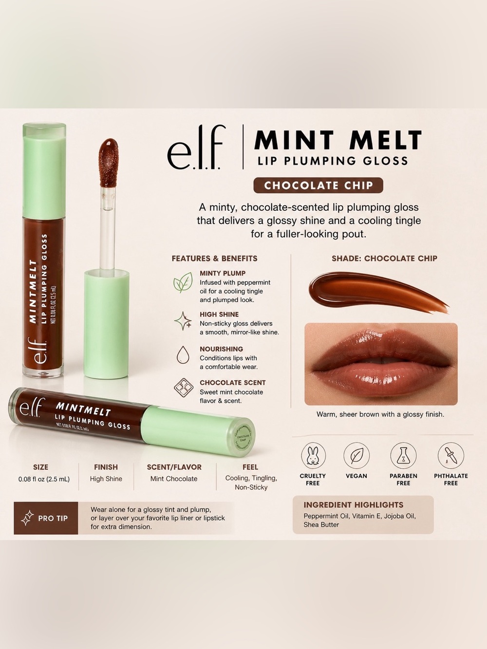 e.l.f. Mint Melt Lip Plumping Gloss – Chocolate Chip 🍫🌿